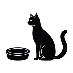 Flat design silhouette of a cat sitting next to a food bowl perfect for pet care and food illustrations