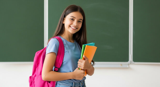 Back to school portrait of smiling student girl with books and backpack - Powered by Adobe