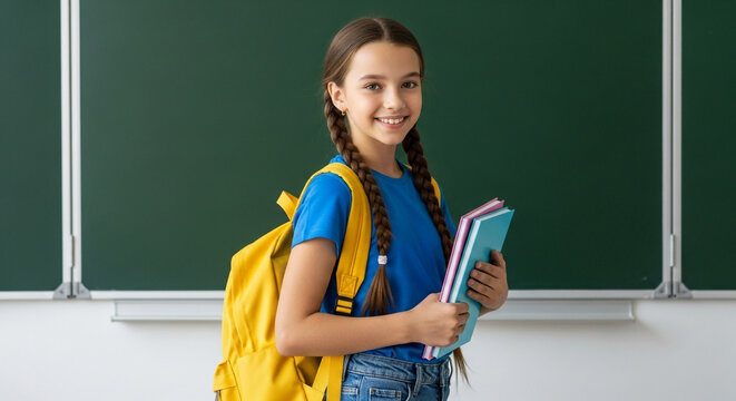 Back to school student girl with backpack and books in classroom photo - Powered by Adobe