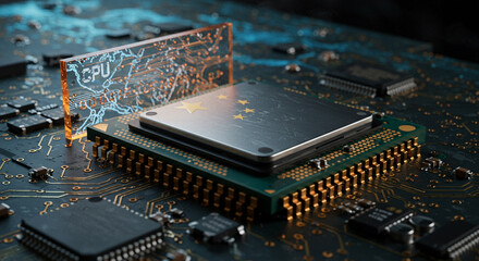 Close-up of a CPU on a modern motherboard, illustrating technological advancement and innovation