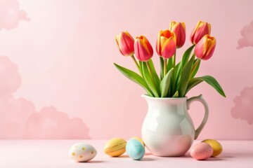 A Delicate Bouquet of Spring Tulips in a Cream-Colored Pitcher, Adorned with Pastel Easter Eggs on a Soft Pink Background