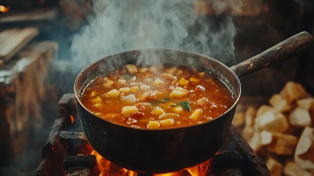 Russian traditional soup solyanka boiling in a pot on the stov
