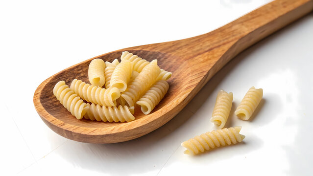 Radiatori pasta on wooden spoon uncooked italian food ingredient gourmet cuisine healthy eating pasta dish 100g