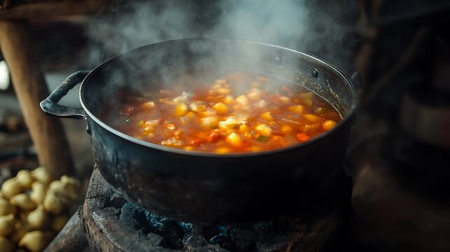 Russian traditional soup solyanka boiling in a pot on the stov