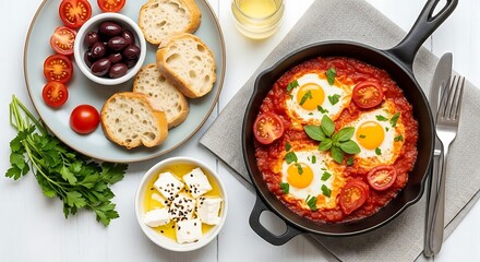 A top-down view of a breakfast spread featuring shakshuka, bread, olives, and cheese.