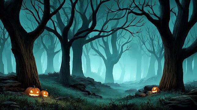Eerie halloween forest scene with glowing jack o lanterns amidst bare trees and misty atmosphere