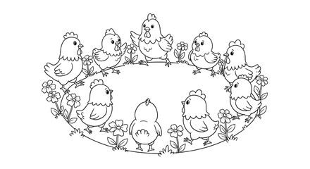 Cute cartoon chickens and chicks forming a circle with flowers isolated on transparent background