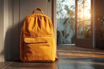 Bright orange backpack by front door with soft morning sunlight ready for school.  Back to school concept.