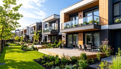 Modern townhouses with wooden decks and lush green lawns create a serene and inviting residential community on a sunny day.