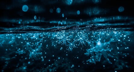 Abstract underwater view with bubbles and floating objects in dark blue water surface scene