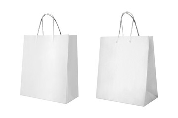 Recycled empty blank white paper shopping bag mockup isolated over white background. 3d rendering.

