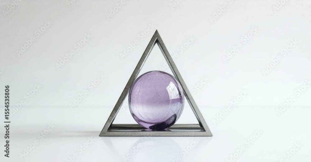 Poster purple sphere rests within metal triangle frame. minimalist composition, clean lines, simple studio 