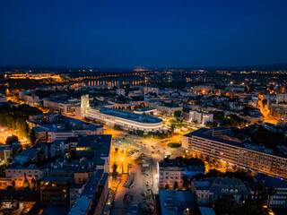 Novi Sad, Serbia - June 26, 2025: Aerial view of the center of Novi Sad at night.