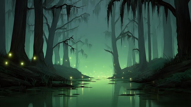 Enchanting swamp landscape at dusk illuminated by mystical glowing orbs and ethereal green mist