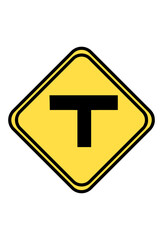 Yellow T-junction warning sign, traffic intersection symbol.
Road sign: indicates upcoming T-intersection ahead.
Diamond-shaped traffic sign, warning of a three-way junction.
