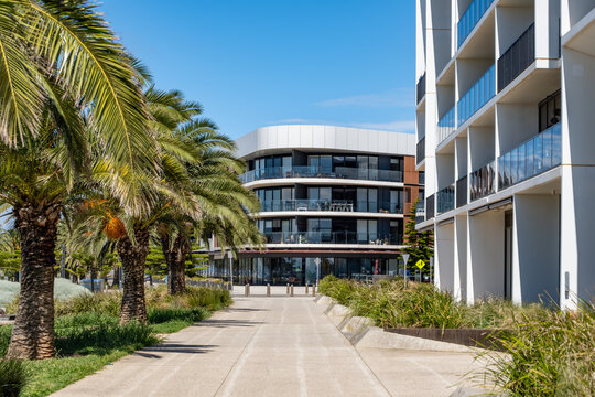 Contemporary apartment buildings and palm-lined promenade in a modern coastal neighborhood. Upscale urban living and mixed-use real estate development in a seaside or marina district 