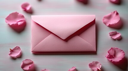 Pink Envelope with Rose Petals on Light Wood Background for Greeting Cards or Love Letters