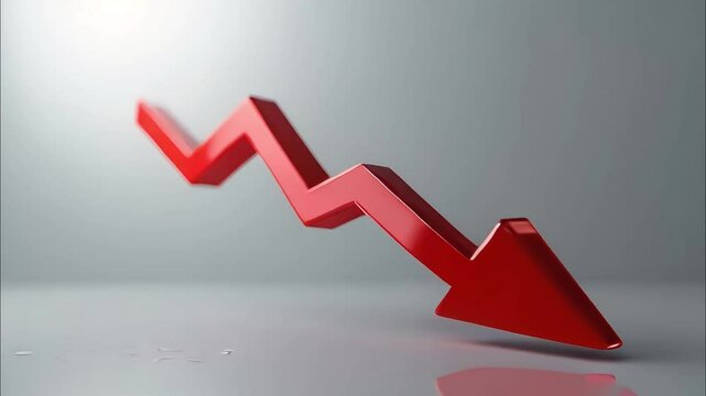 An animated bold red arrow pointing downwards, sharp-angled and segmented, symbolizing financial decline, losses or negative trends.