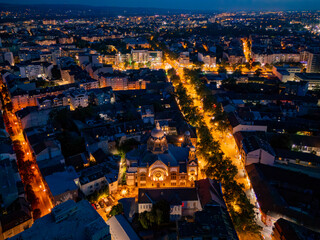 Novi Sad, Serbia - June 26, 2025: Aerial view of the center of Novi Sad at night.