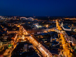 Novi Sad, Serbia - June 26, 2025: Aerial view of the center of Novi Sad at night.