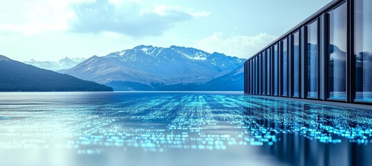 Digital Architecture Overlooking a Serene Lake with Mountains and Data Connection Visualizations