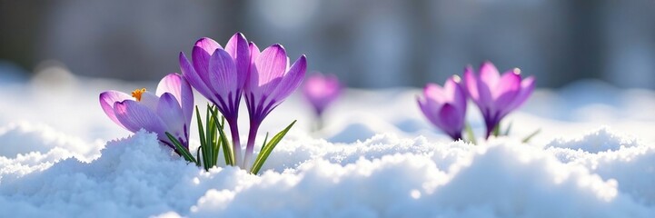 delicate purple crocus flowers emerging from snow , winter blooming flowers snow, frozen landscape, floral