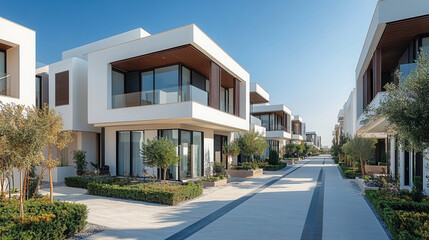 modern white suburban townhouses with minimalist design and garden, luxury real estate and property investment