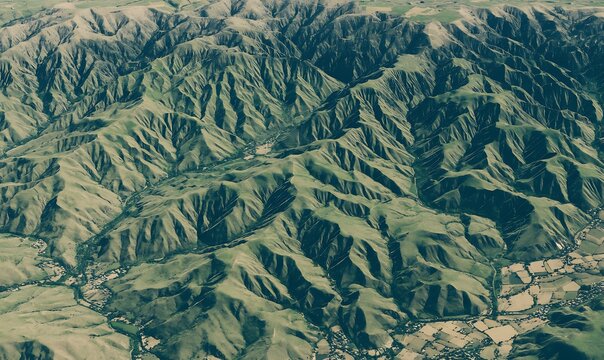 Aerial view green mountains rural landscape