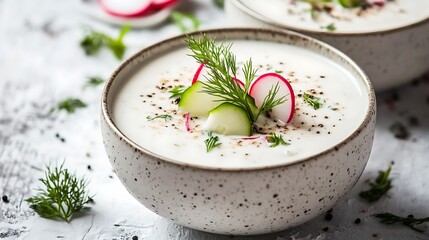 Summer yoghurt cold soup with radish cucumber and dill