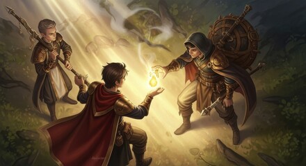 Obraz premium Three Adventurers Gather Together for a Magical Encounter in the Enchanted Forest
