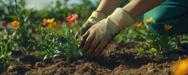 Gardener's Hands Carefully Planting Flowers with Small Tools in Open Field Surrounded by Lush Foliage and Blooms