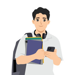 Young student with a backpack, headphones, and books in hand checks his phone heading to school. Flat Vector character illustration