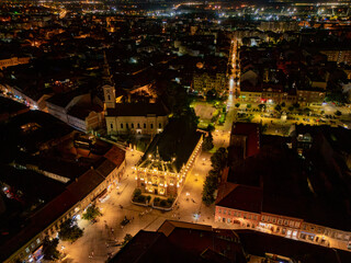 Novi Sad, Serbia - June 26, 2025: Aerial view of Center of Novi Sad in Zmaj Jovina street with Vladicin court residential palace by night