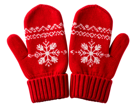 Pair of Red Woolen Mittens with Snowflake Pattern, isolated on a transparent background