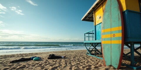 Surfer's Gear, Ocean Waves, Summer Sports A surfboard leaning against a lifeguard tower, with the ocean waves crashing