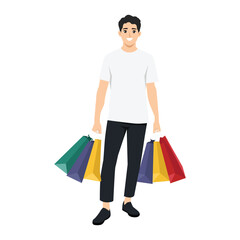 Man in casual clothing holds multiple colorful shopping bags. Flat Vector character illustration