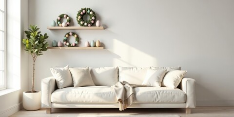 Serene Living Room Decor with Pastel Easter Accents and a Comfortable Sofa
