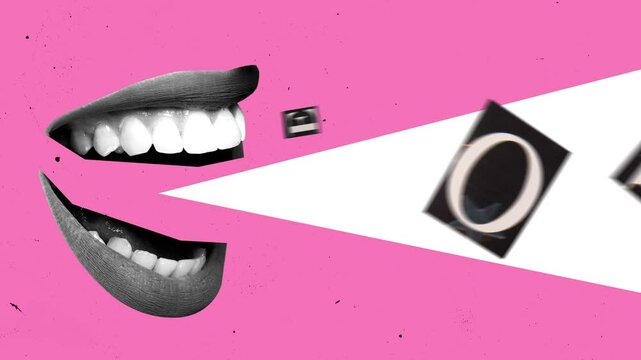 Emotional outburst. Bright pink backdrop where large grayscale mouth spits out cut-out letters like notes. Symbol of free speech or chaotic communication. Concept of media expression. Modern ad video