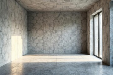 Sunlit Empty Room with Concrete Walls and Modern Glass Door, Ideal for Interior Design or Architectural Visualization