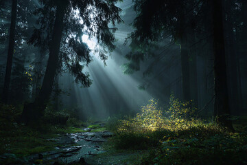 Sunbeams piercing dark forest canopy illuminating misty woodland path light rays