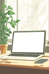 Fototapeta premium Cozy workspace with a laptop and smartphone, surrounded by greenery and natural light