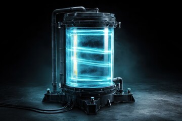 Futuristic Neon-Powered Energy Reactor with Blue Glow in Dark Environment.