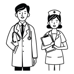 Smiling healthcare professionals, a doctor with a stethoscope and a nurse in uniform, standing together in a hospital, demonstrating their professional medical care
