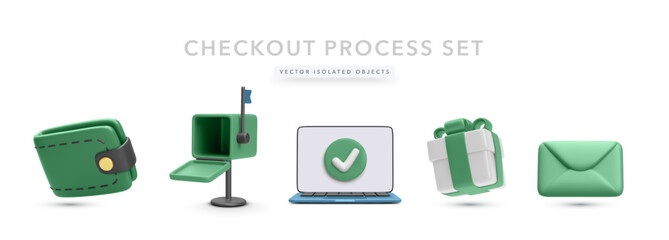 Wallet, Mailbox, Laptop With Check Mark, Gift Box, And Envelope Rendered In Minimal 3D Style. Ideal For Online Checkout, Order Confirmation, And Delivery Concept. Vector Illustration.