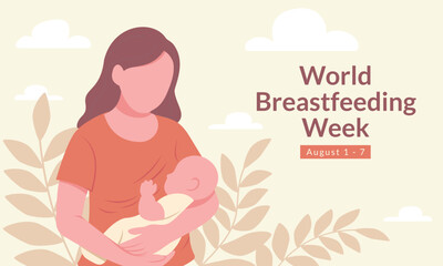 Vector illustration of a mother breastfeeding her baby, celebrating World Breastfeeding Week from August 1 to 7. Promotes awareness of the importance of breastfeeding for baby and mother health.