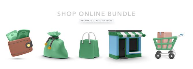 Wallet with Money, Money Bag, Shopping Bag, Storefront, and Cart with Parcel in 3D Style. Designed for Online Shopping, Retail Finance, and Delivery Services. Vector Illustration.