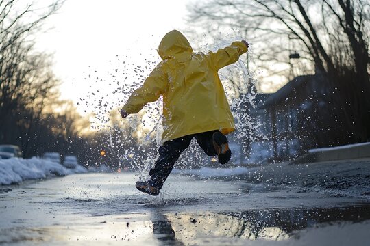 raincoat Child jumping into puddle in yellow