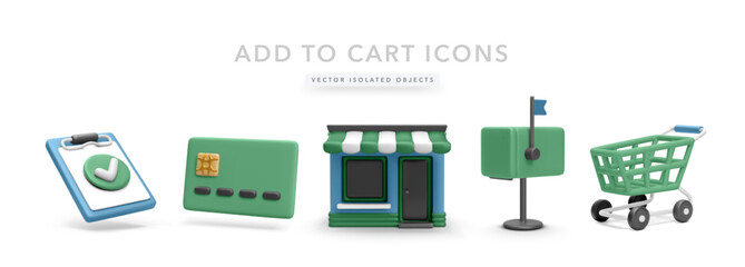 Clipboard with Checkmark, Credit Card, Storefront, Mailbox, and Shopping Cart in Clean 3D Style. Ideal for Online Shopping, E-commerce UI, and Retail Illustrations. Vector Illustration.