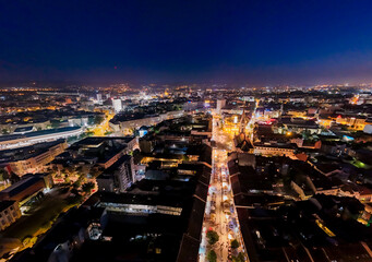 Novi Sad, Serbia - June 26, 2025: Aerial view of the center of Novi Sad at night.