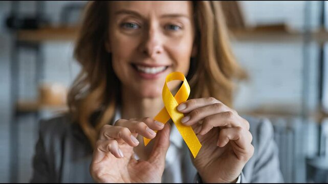 Woman holding yellow gold ribbon, sarcoma awareness, childhood cancer awareness, world suicide prevention day